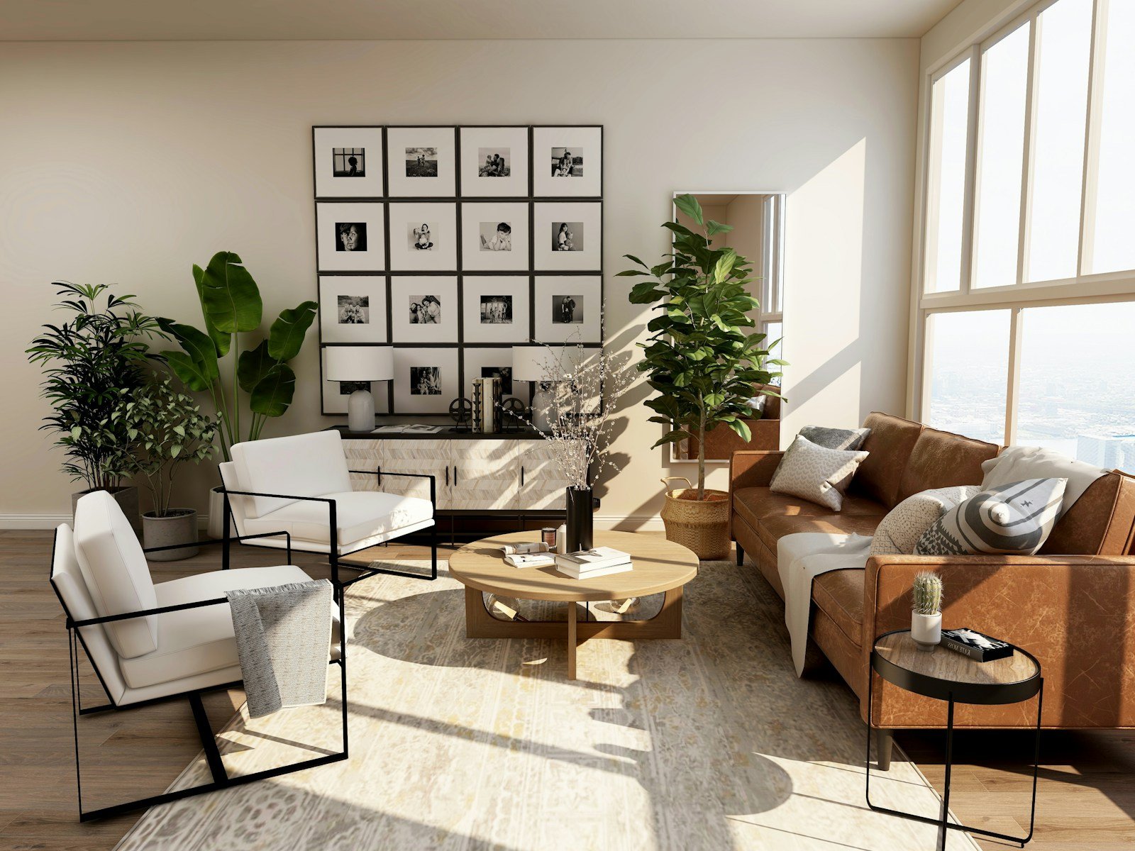 Illustrative bright living room interior